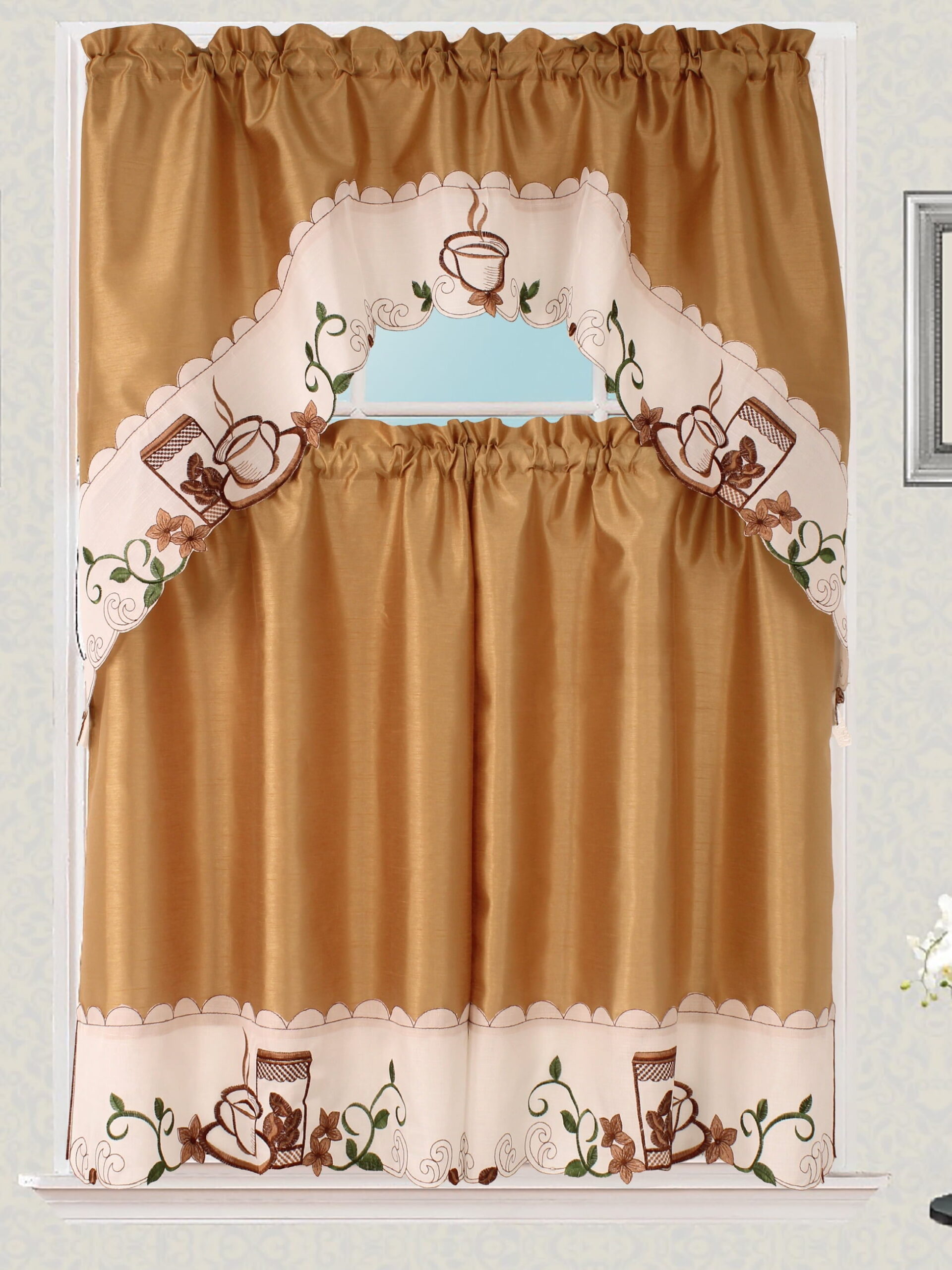 Capuccino Assorted 3 pc Kitchen curtains 3 pcs One-Swag Kitchen Curtain, Capuccin