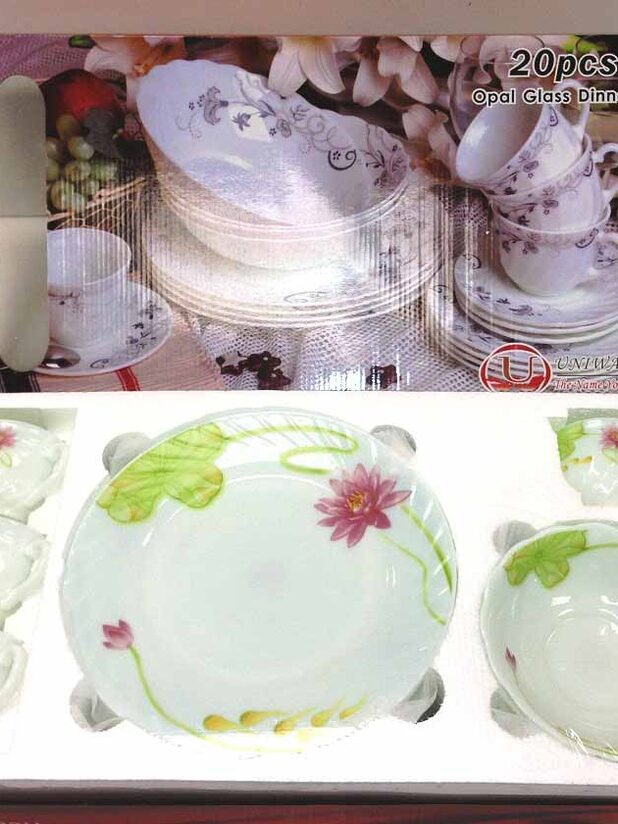 Lotus Glass Plate Set w/Red Lilys - 20pc