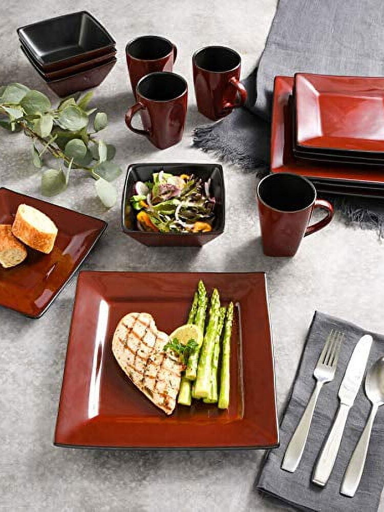 NEW Gibson Elite Kiesling Hard Square Dinnerware Set Red 16pcs