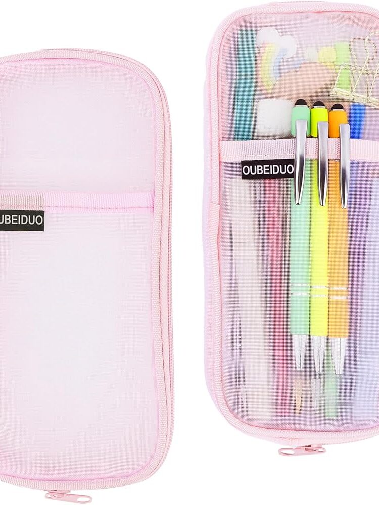 Pencil Pouch 2-Compartment Mesh Assorted Colors Mesh Front w/3 Holes